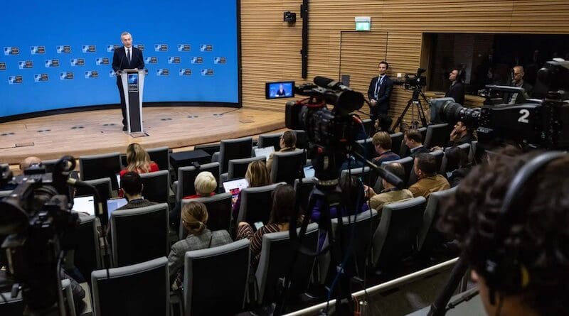 NATO Secretary General Jens Stoltenberg tells reporters at a news conference that the European allies and Canada have met the 2% goal for defense spending, but more is needed. Brussels, Feb. 14, 2024. Photo Credit: NATO