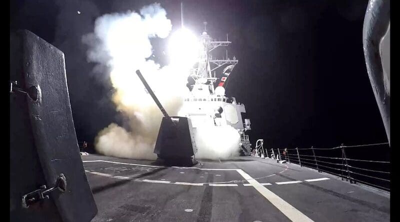 A Navy ship launches missiles in the Red Sea on Houthi sites in Yemen. Photo Credit: U.S. Central Command