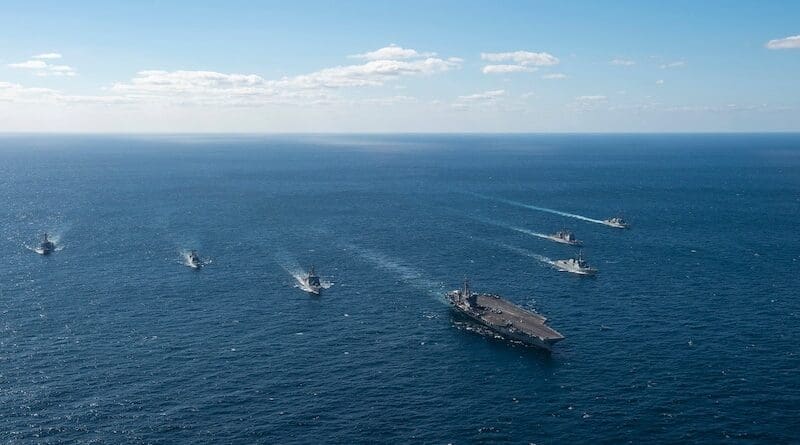 Japanese, South Korean and U.S. ships sail together during a trilateral exercise in the Pacific, Jan. 16, 2024. Photo Credit: DOD
