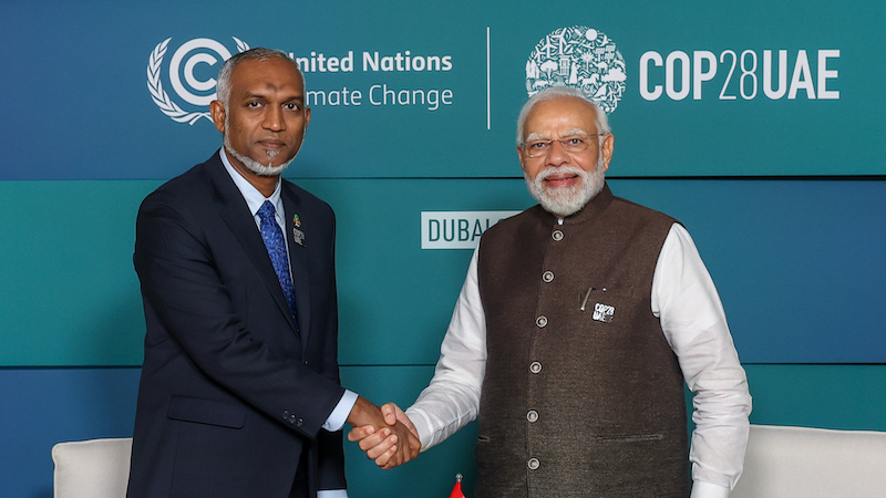 Photo of Maldives' President Dr. Mohamed Muizzu with India's Prime Minister Narendra Modi on 01 December 2023, on the sidelines of COP-28 Summit in the UAE. Photo Credit: India PM Office