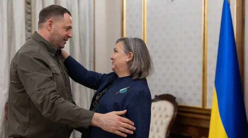 Head of the Office of the President of Ukraine Andriy Yermak with U.S. Acting Deputy Secretary of State, Under Secretary for Political Affairs Victoria Nuland. Photo Credit: Ukraine Presidential Press Service