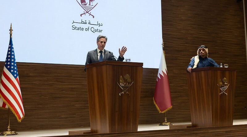Secretary Antony J. Blinken holds a joint press availability with Qatari Prime Minister and Foreign Minister Mohammed bin Abdulrahman Al Thani in Doha, Qatar, February 6, 2024. (Official State Department photo by Chuck Kennedy)