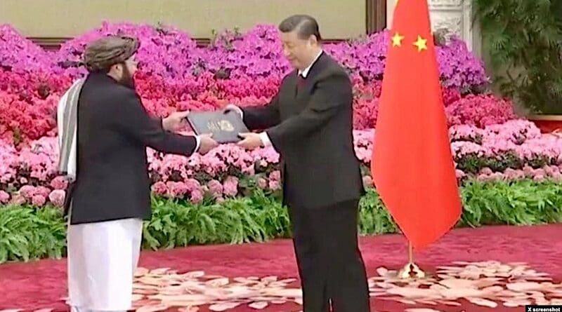 The Taliban's ambassador to China, Asadullah Bilal Karimi, left, is seen presenting his credentials to Chinese President Xi Jinping, in a photo posted on X Jan. 30, 2024, by Abdul Qahar Balkhi, spokesperson of the Taliban's foreign ministry. Credit: VOA