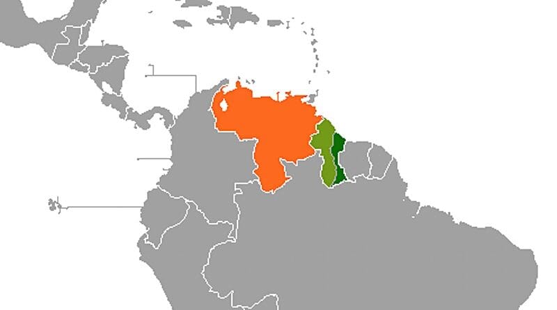 The Essequibo is in light green, with the rest of Guyana shown in dark green and Venezuela in orange. Credit: Wikipedia Commons