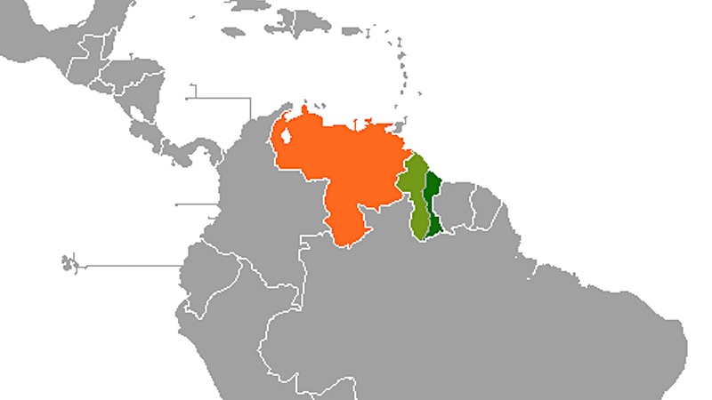 The Essequibo is in light green, with the rest of Guyana shown in dark green and Venezuela in orange. Credit: Wikipedia Commons