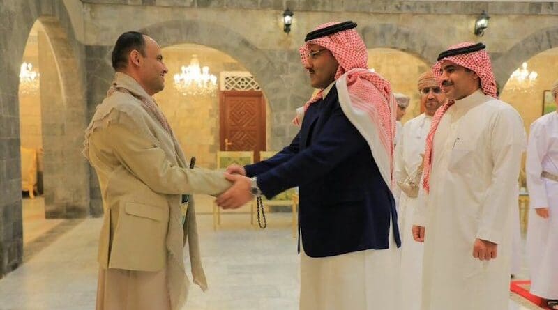 Saudi Arabia’s ambassador to Yemen Mohammed Al-Jaber shakes hands with the political leader of the Houthis, Mahdi Al-Mashat in Sanaa. (X: @mohdsalj)