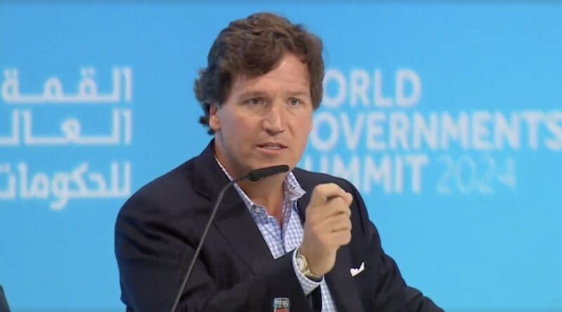 Tucker Carlson speaks at the World Government Summit in Dubai. (AN, Screenshot)