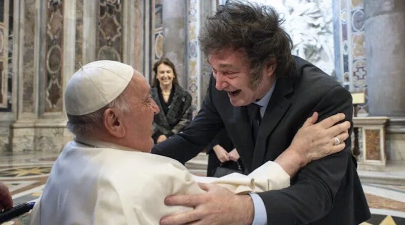 Pope Fancis and Argentina’s President Javier Milei celebrate after the canonization Mass of Argentina’s first female saint, María Antonia of St. Joseph, on Feb. 11, 2024. | Vatican Media