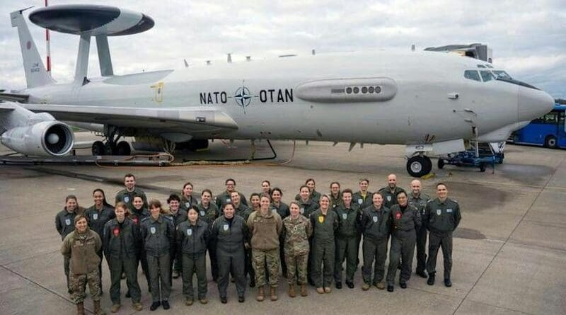 Women assigned to the NATO Airborne Early Warning and Control Force gather for a group photo after conducting the first all-female NATO AWACS flight on February 9th, 2024, at NATO Air Base Geilenkirchen, Germany. -NATO Photo by Staff Sgt. (OR-5) Andrew Sarver.