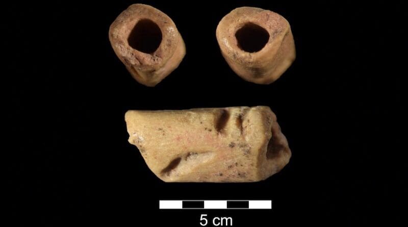 These images are of a tube-shaped bead made of bone that is about 12,940 years old. The bead was discovered at Wyoming’s La Prele Mammoth site by University of Wyoming archaeology Professor Todd Surovell and his research team. CREDIT: Todd Surovell