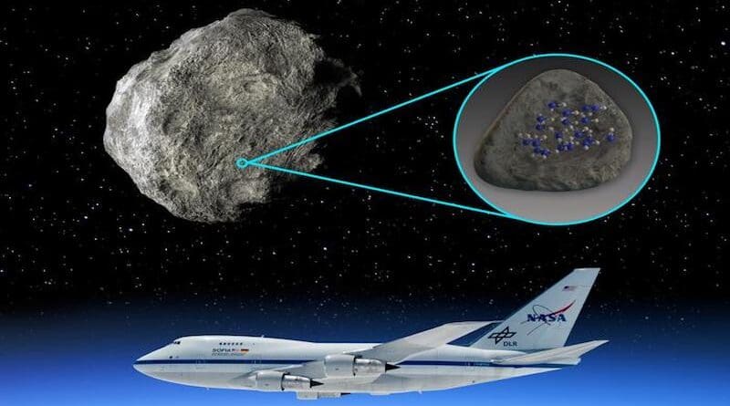 Using data from NASA’s Stratospheric Observatory for Infrared Astronomy (SOFIA), Southwest Research Institute scientists have discovered, for the first time, water molecules on the surface of an asteroid. Scientists looked at four silicate-rich asteroids using the FORCAST instrument to isolate the mid-infrared spectral signatures indicative of molecular water on two of them. CREDIT: NASA/Carla Thomas/Southwest Research Institute