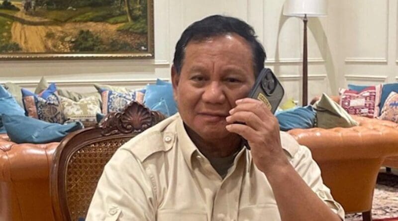 Indonesian Defense Minister, who won the country’s presidential election on Feb. 14, 2024 according to unofficial vote counts, speaks over the phone in a photograph he posted on his X (formerly Twitter) account, saying he received calls from several countries’ leaders congratulating him, Feb. 15, 2024. [Via X/@prabowo]