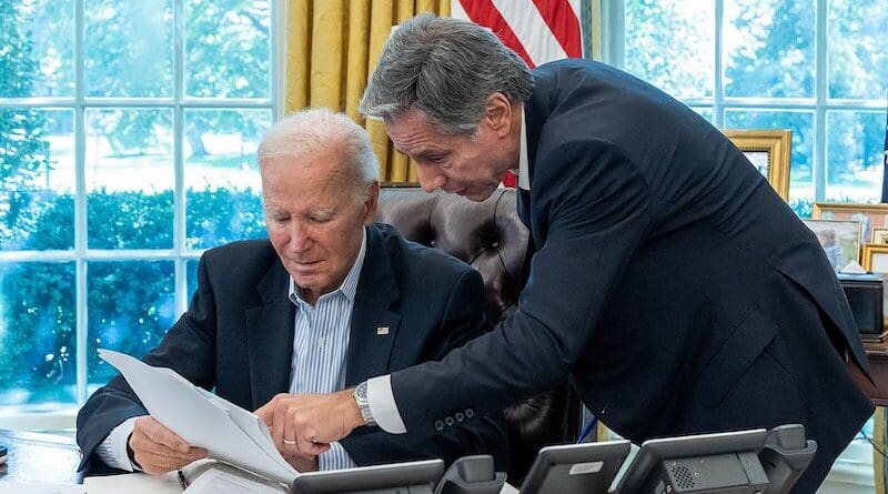 President Joe Biden, joined by Secretary of State Antony Blinken and Jon Finer, is briefed on the terrorist assault on Israel, Saturday October 7, 2023, in the Oval Office of the White House. (Official White House Photo by Cameron Smith)