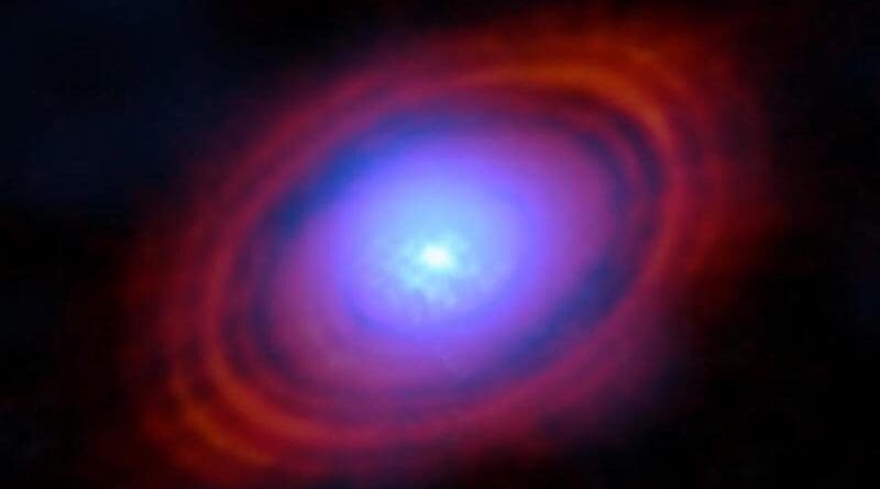 Astronomers have found water vapour in a disc around a young star exactly where planets may be forming. In this image, the new observations from the Atacama Large Millimeter/submillimeter Array (ALMA), in which ESO is a partner, show the water vapour in shades of blue. Near the centre of the disc, where the young star lives, the environment is hotter and the gas brighter. The red-hued rings are previous ALMA observations showing the distribution of dust around the star. CREDIT: ALMA (ESO/NAOJ/NRAO)/S. Facchini et al