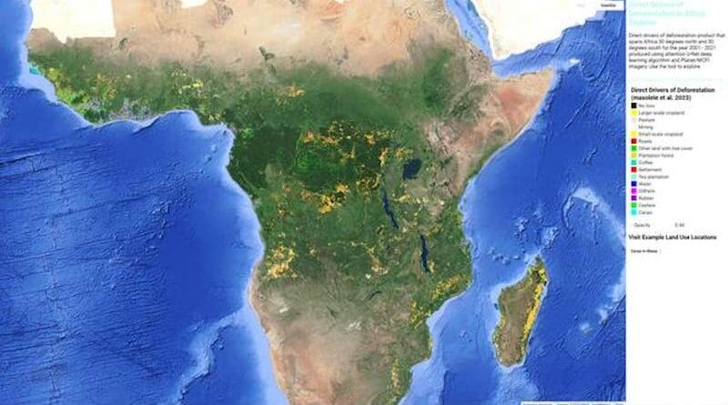 Section of the world map focussing on Africa. Many coloured dots mark the location and type of different forms of land use after deforestation. CREDIT: Screenshot of the app https://robertnag82.users.earthengine.app/view/africalu