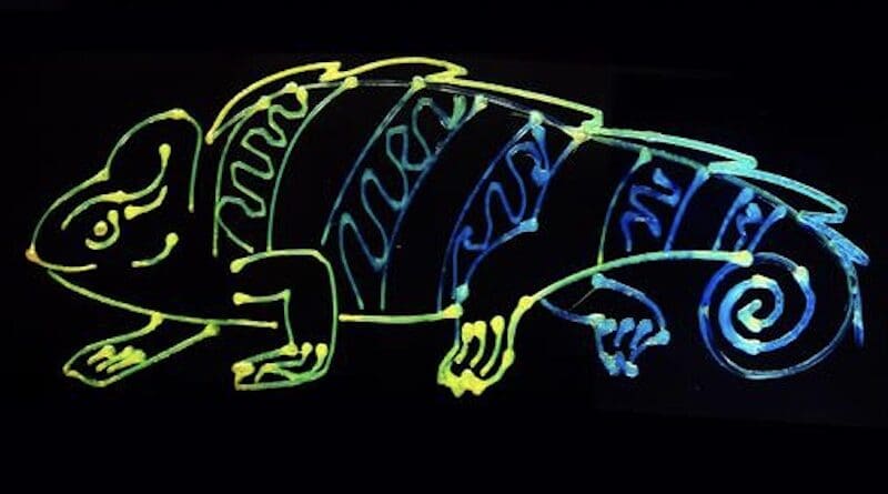 Inspired by the color-changing abilities of chameleons, researchers developed a dynamic and sustainable color-changing ink seen in this 3D printed chameleon illustration created by the research team. CREDIT: Sanghyun Jeon, Diao Lab.