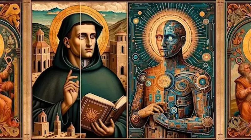 An illustration of the topic of Thomas Aquinas and AI created by DALL-E, a text-to-image model native to ChatGPT. | Credit: DALL-E/OpenAI via CNA