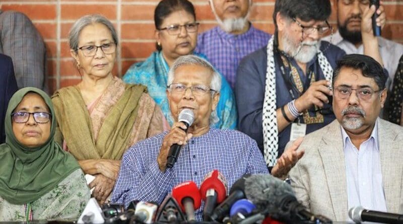 Nobel laureate Muhammad Yunus (front row, center) speaks to journalists during a news conference at the Grameen Telecom Bhaban in Dhaka, Feb. 15, 2024. Photo Credit: Jibon Ahmed/BenarNews