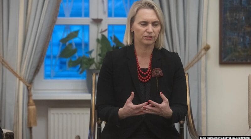 Ambassador Bridget Brink during a press briefing in Kyiv on February 20. Photo Credit: RFE/RL