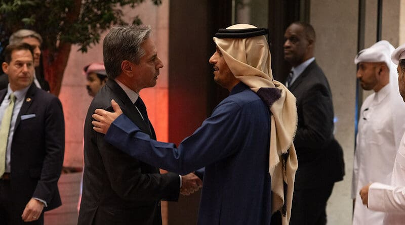 Secretary Antony J. Blinken holds a joint press availability with Qatari Prime Minister and Foreign Minister Mohammed bin Abdulrahman Al Thani in Doha, Qatar, February 6, 2024. (Official State Department photo by Chuck Kennedy)