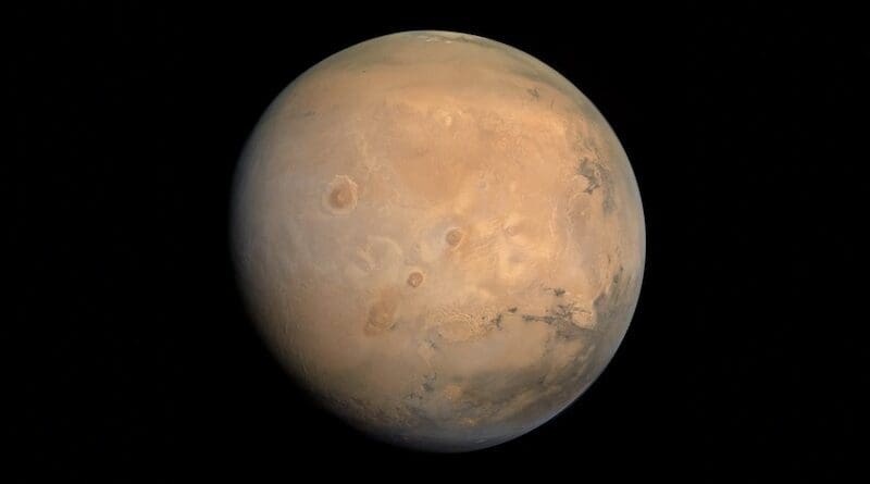 Mars in true color, taken by the Emirates Mars Mission in August 2021. CREDIT: Kevin M. Gill / Wikipedia