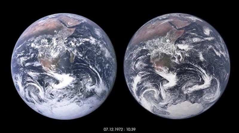 Blue Marble and climate model. The left globe shows the famous “Blue Marble” photo of Earth, taken in 1972. The globe on the right shows a visualization of data from a simulation with a one-kilometer grid for the atmosphere, land, and ocean. CREDIT: © NASA, MPI-M, DKRZ, NVIDIA