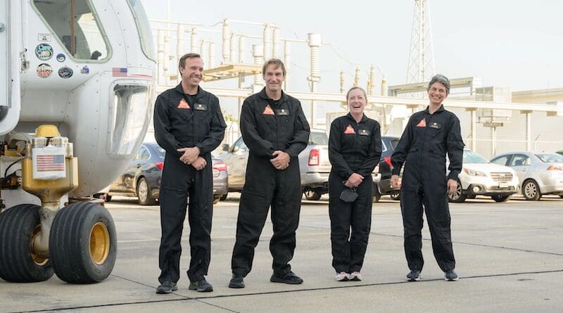 The CHAPEA mission 1 crew (from left: Nathan Jones, Ross Brockwell, Kelly Haston, Anca Selariu) exit a prototype of a pressurized rover and make their way to the CHAPEA facility ahead of their entry into the habitat on June 25, 2023. Credit: NASA/Josh Valcarcel