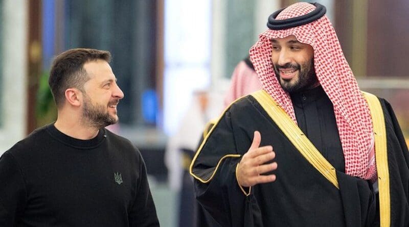 Saudi Arabia’s Crown Prince Mohammed bin Salman receives the President of Ukraine Volodymyr Zelenskyy in Riyadh on Tuesday. (SPA)