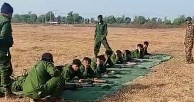 People who appear to be Rohingya Muslims in Rakhine state undergo weapons training by junta military personnel on March 10, 2024. Photo Credit: RFA, Image from citizen journalist video