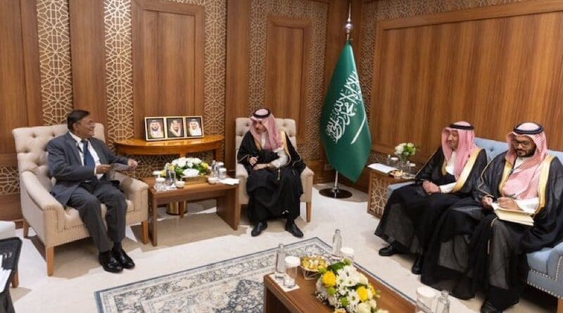 Saudi Arabia's Foreign Minister HH Prince Faisal bin Farhan Al-Saud with Foreign Minister of Bangladesh, Dr. Mohammed Hasan Mahmud, on the sidelines of the Extraordinary Session of the OCI Council of Foreign Ministers. Photo Credit: Saudi Arabia Foreign Ministry, X