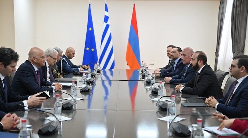 Greece's Defense Minister Nikolaos Dendias with Armenia's Minister of Foreign Affairs Ararat Mirzoyan. Photo Credit: Nikos Dendias, X