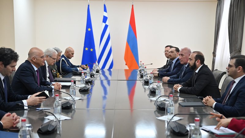 Greece's Defense Minister Nikolaos Dendias with Armenia's Minister of Foreign Affairs Ararat Mirzoyan. Photo Credit: Nikos Dendias, X