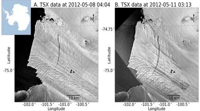 Satellite images taken May 8 (left) and May 11 (right), three days apart in 2012, show a new crack that forms a “Y” branching off to the left of the previous rift. Three seismic instruments (black triangles) recorded vibrations that were used to calculate rift propagation speeds of up to 80 miles per hour. CREDIT: Olinger et al./AGU Advances