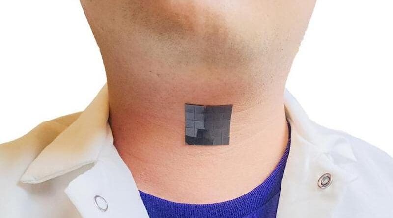 Photo of person’s neck with the device — a black adhesive square — attached outside the throat. CREDIT: Jun Chen Lab/UCLA