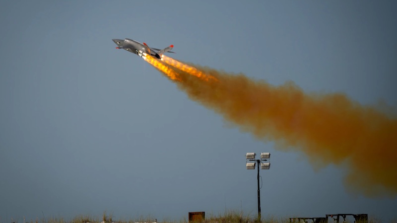 An XQ-58A Valkyrie launches for a test mission at Eglin Air Force Base, Fla., Aug. 22, 2023. Artificial intelligence algorithms, developed and trained by the Air Force Research Laboratory’s Autonomous Air Combat Operations, were integrated into the XQ-58A. The algorithms used neural networks to fly the vehicle against simulated opponents using simulated mission systems and mock weapons. Photo Credit: Air Force 2nd Lt. Rebecca Abordo