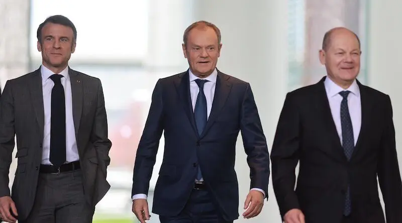 France's President Emmanuel Macron, Poland's Prime Minister Donald Tusk and Germany's Chancellor Olaf Scholz. Photo Credit: Office Chancellor Olaf Scholz, X