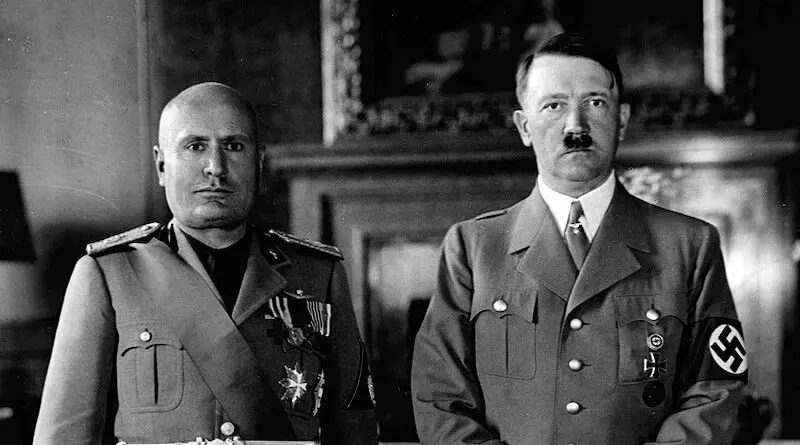 Benito Mussolini (left) and Adolf Hitler (right), the leaders of Fascist Italy and Nazi Germany, respectively. Photo Credit: Author unknown, Wikipedia Commons