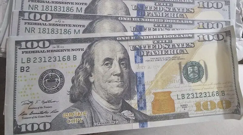 All 'copy' dollars have same number LB 21323168 B, with "Copy" inscribed on the fake dollars. (photo supplied)