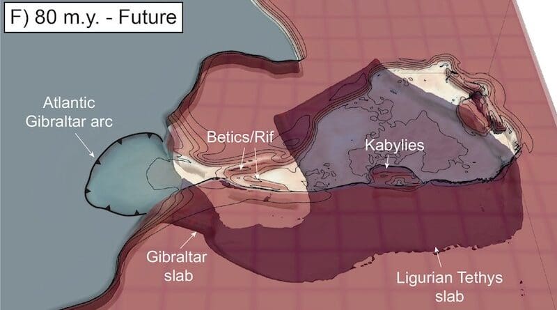 The result of a 3D computer simulation of the migration of the Gibraltar subduction zone. The image shows how the subduction zone will propagate into the Atlantic 50 million years into the future. (ill./©: Nicolas Riel)