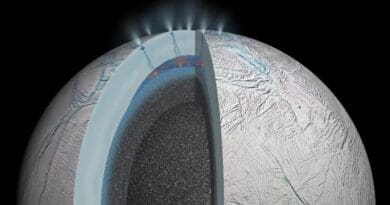 An artist’s rendition of Saturn’s moon Enceladus depicts hydrothermal activity on the seafloor and cracks in the moon’s icy crust that allow material from the watery interior to be ejected into space. New research shows that instruments destined for the next missions could find traces of a single cell in a single ice grain contained in a plume. CREDIT: NASA/JPL-Caltech