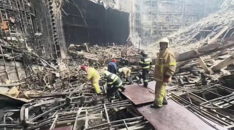 Russian Crocus City Hall amphitheater interior, the day after terrorist attack on March 22, 2024. Photo Credit: Mosreg.ru, Wikipedia Commons