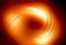The magnetic fields spiral around the central shadow of the black hole. CREDIT: EHT Collaboration