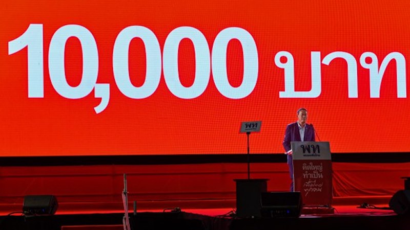 Srettha Thavisin, then the prime minister candidate for the Pheu Thai Party, launches the 10,000 baht (U.S. $275) digital wallet policy at a major party rally at Thunderdome Stadium in Muang Thong Thani, Nonthaburi province, Thailand, April 5, 2023. Photo Credit: Tananchai Keawsowattana-Thai News Pix/BenarNews