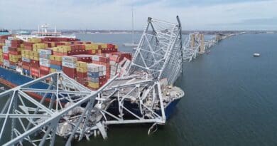 NTSB drone image of Francis Scott Key Bridge and Cargo Ship Dali. Photo Credit: NTSBgov, Wikipedia Commons