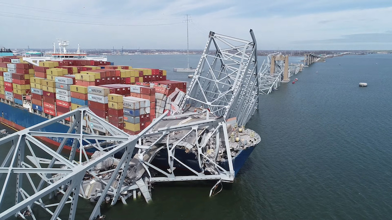 NTSB drone image of Francis Scott Key Bridge and Cargo Ship Dali. Photo Credit: NTSBgov, Wikipedia Commons