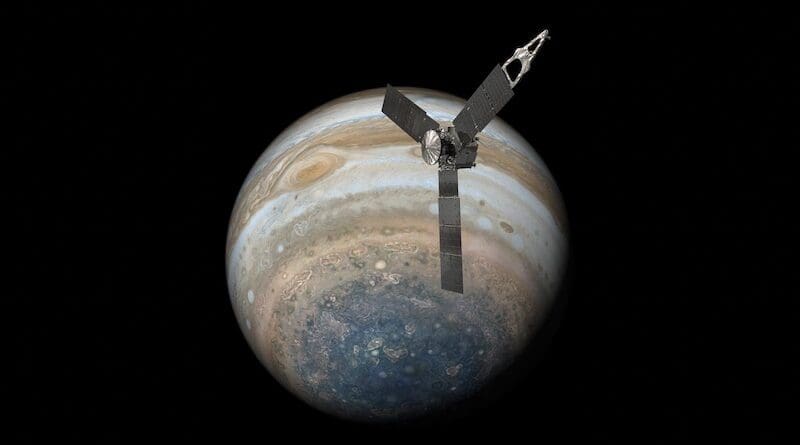 For the first time, SwRI scientists used the Jovian Auroral Distributions Experiment (JADE) instrument to definitively detect oxygen and hydrogen in the atmosphere of one of Jupiter’s largest moons, Europa. NASA’s Juno spacecraft, using its SwRI-developed instrument, made the measurements during a 2022 flyby of Europa. CREDIT: NASA/JPL-Caltech