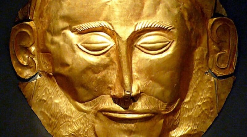 Detail of the Gold 'Mask of Agamemnon' produced during the Mycenaean civilization, from Mycenae, Greece, 1550 BC. Photo Credit: Xuan Che, Wikipedia Commons