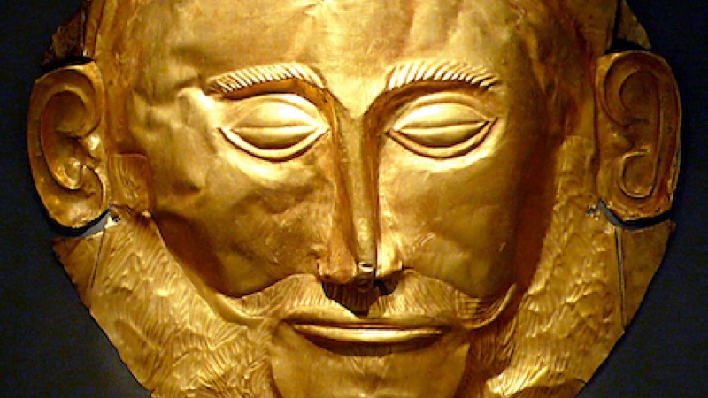 Detail of the Gold 'Mask of Agamemnon' produced during the Mycenaean civilization, from Mycenae, Greece, 1550 BC. Photo Credit: Xuan Che, Wikipedia Commons