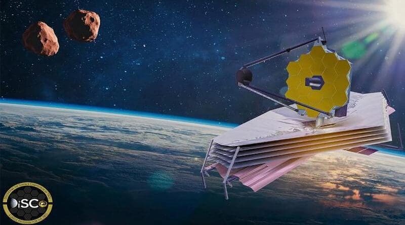 An artist’s conception of Mors-Somnus, a binary duo comprised of a pair of icy asteroids bound by gravity, is shown. UCF researchers recently used the James Webb Space Telescope (also depicted) to analyze their surface compositions for the first time. Image credit: Angela Ramirez, UCF