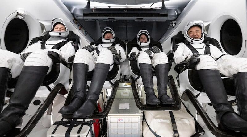 Roscosmos cosmonaut Konstantin Borisov, left, ESA (European Space Agency) astronaut Andreas Mogensen, NASA astronaut Jasmin Moghbeli, and Japan Aerospace Exploration Agency (JAXA) astronaut Satoshi Furukawa are seen inside the SpaceX Dragon Endurance spacecraft onboard the SpaceX recovery ship MEGAN shortly after having landed in the Gulf of Mexico off the coast of Pensacola, Florida, Tuesday, March 12, 2024. Moghbeli, Mogensen, Furukawa, and Borisov are returning after nearly six-months in space as part of Expedition 70 aboard the International Space Station. Photo Credit: NASA/Joel Kowsky
